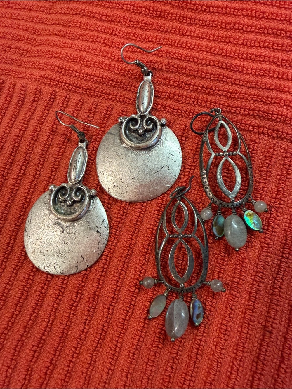 Vintage Silver-Tone Dangle Earrings with Iridescent Accents on Red